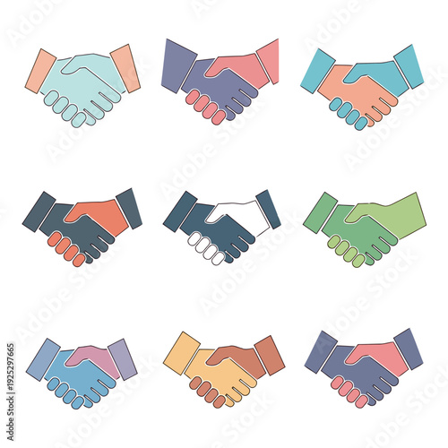 Collection of stylized handshake icons representing agreement, partnership, and business collaboration across various color schemes