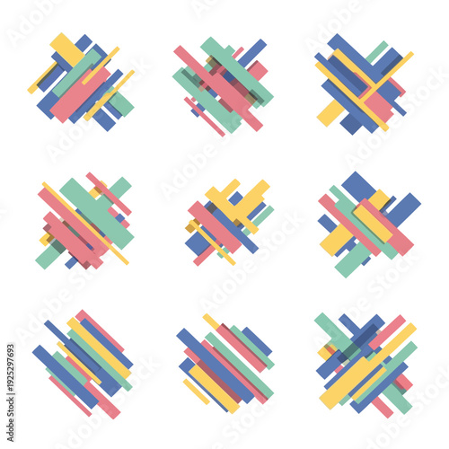 Abstract geometric shapes in a colorful, dynamic arrangement with overlapping elements, creating a modern, artistic visual