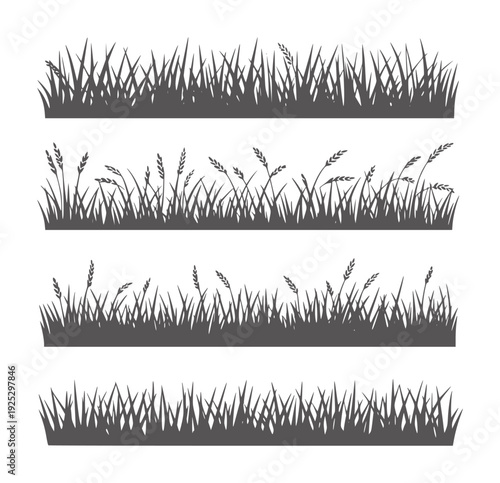 Four horizontal black and white silhouettes of grass and wheat stalks
