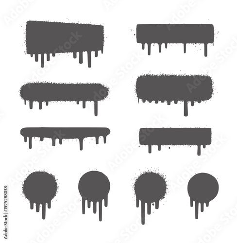 Set of eight dark gray spray paint splatters with dripping effect grunge