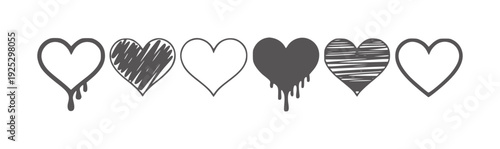 Six black and white hearts with varied textures and dripping effects outline