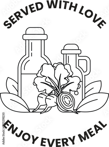 A black and white image of two bottles of oil and a leafy green vegetable