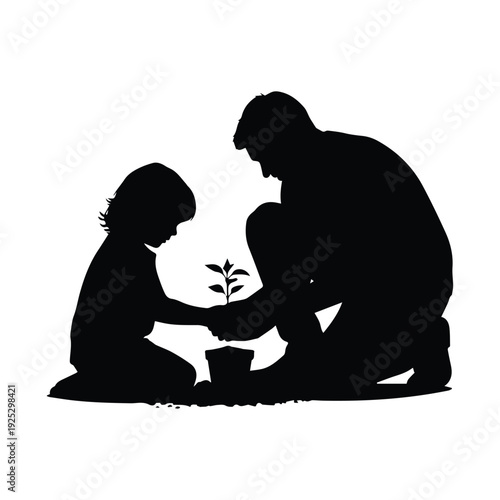 Silhouetted father and child planting a sapling together outdoors