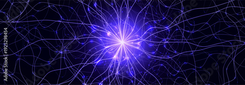 Neural Network Brain Neurone Synapse Connections Lightning Ball Energy Glow. Machine Learning Technology Background for AI Data Flow, BigData, Medical Science Research, Biotech. Vector illustration