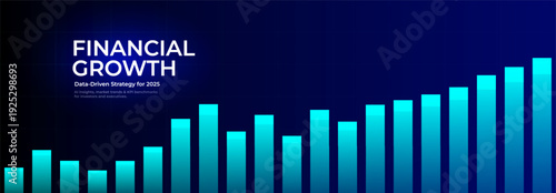 Financial analytics business growth chart digital background, blue rising bars, increase arrow and candlesticks concept for fintech, market trends, predictive investment insights. Vector illustration.