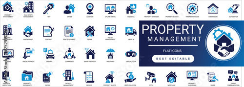 property management and rental services solid icon set building, leasing, maintenance, tenant, contract, agency, mortgage, security, home, realtor vector editable