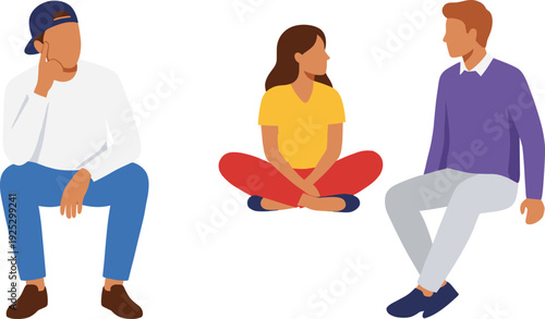 Vector illustration of young diverse people sitting together, communicating, thinking, and relaxing in a flat minimalist graphic style