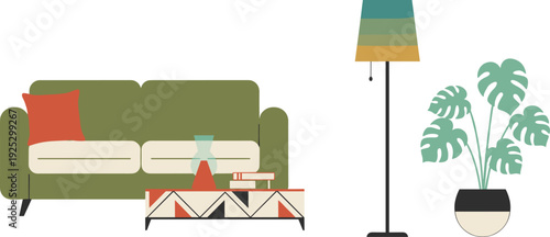 Living room interior vector illustration, sofa coffee table lamp and plant, modern home furniture decor isolated design