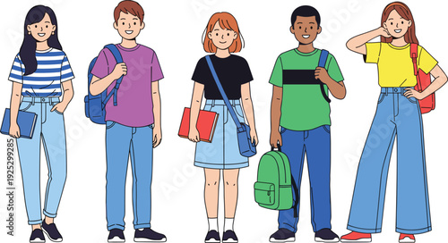 Diverse group of happy students with backpacks and books standing together, university campus life, flat vector illustration isolated
