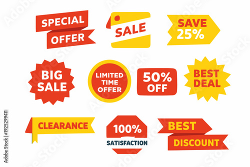 Modern red and yellow discount label collection with special offer ribbons, sale tag, save 25%, big sale burst, limited time offer, 50% off, clearance and satisfaction badge for ecommerce.