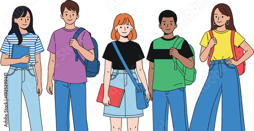 Diverse group of happy international students with backpacks and books standing together for university education and campus life concept