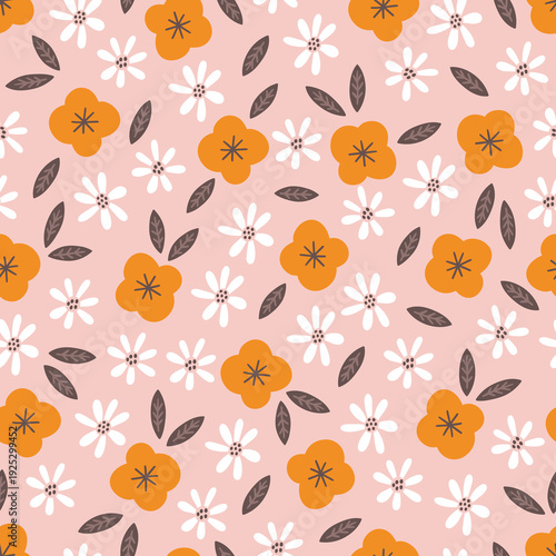 Floral seamless pattern with leaves and flowers on pink background. Perfect for wallpaper, gift paper, greeting cards. Vector hand drawn illustration