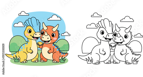 Cute baby dinosaur friends cartoon vector illustration. Happy triceratops and dino character holding hands. Funny prehistoric animal mascot design for kids, sticker, and nursery print.