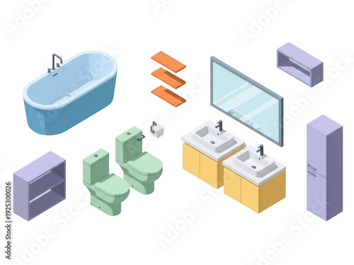 Modern bathroom setup with bathtub and dual vanities isolated on transparent background