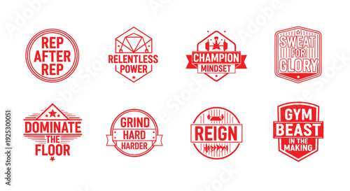 Red textured badges featuring workout phrases and strength training mottos.