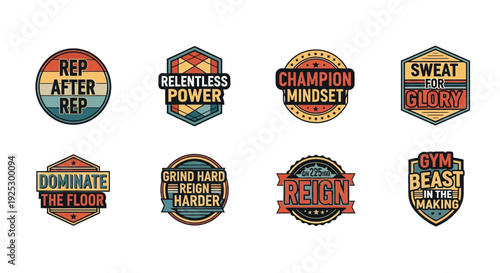 Set of eight textured graphic badges featuring motivational phrases.
