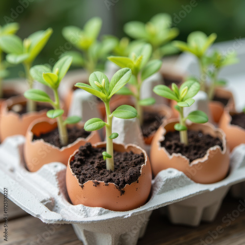 Young green seedlings growing in soil filled eggshells, arranged in carton, symbolize eco friendly gardening and sustainable plant care