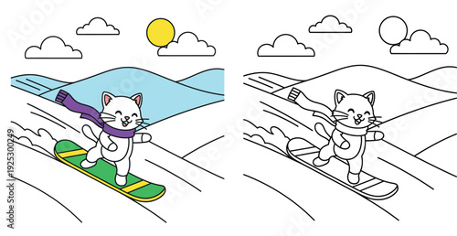 Cute cat cartoon snowboarding on mountain vector illustration. Happy white kitten character wearing scarf riding snowboard. Funny winter sport animal mascot for kids and holiday design.