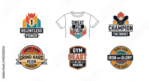 Assorted colorful emblems and shirt mockups showcase performance.