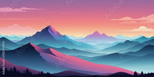 Beautiful sunrise and sunset over misty mountain peaks with a snowy valley and orange sun glowing through clouds in the morning alpine nature landscape