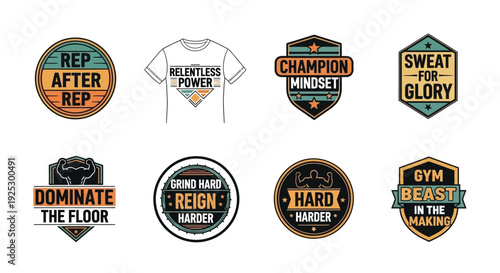 Fitness related text badges featuring motivational slogans for clothing.