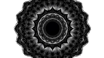 High contrast line art mandala composed of balanced radial patterns, smooth black ink contours, pure white backdrop, progressively complex border design