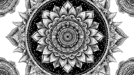High contrast line art mandala composed of balanced radial patterns, smooth black ink contours, pure white backdrop, progressively complex border design