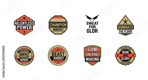 A collection of eight motivating fitness emblems features different.