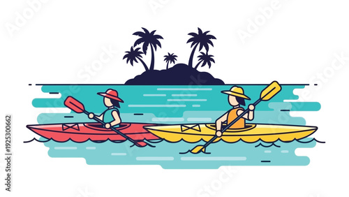 People Kayaking on Ocean with island and palm trees