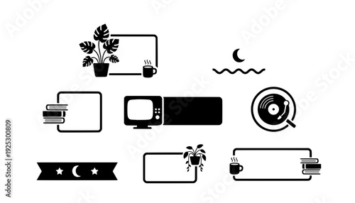 Blank cozy lofi stream overlay panels and text box frames featuring minimalist black line art icons of a retro tv, monstera plant, books, and record