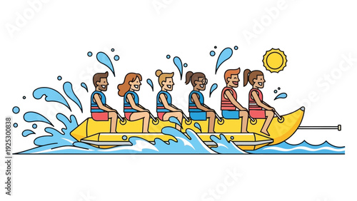 Rowing team on yellow boat racing across blue waves under sun