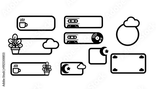 Blank cute lofi stream asset panels and aesthetic text box frames with minimalist outline icons of coffee, plants, moon, clouds, and retro cassette