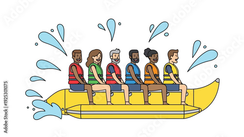 Group of people riding a yellow inflatable raft with life jackets on water