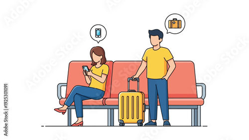 Travelers with luggage waiting on bench for boarding