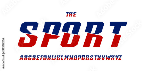 Dynamic cut sport font with bold geometric split letters in red and blue. Cutout sporty typographic design for posters, logos, esports titles, merchandise, and branding. Vector illustration