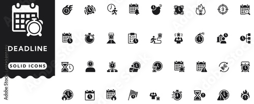 Deadline solid icon set cover time, calendar, clock, urgency, management, stopwatch, alarm, timer, hourglass, limit, countdown, bomb, wait, finish, bell, date. Professional vector illustration set