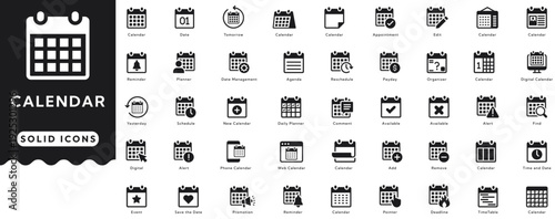 Calendar solid icon set cover date, tomorrow, appointment, edit, reminder, planner, date management, . Professional vector illustration set 