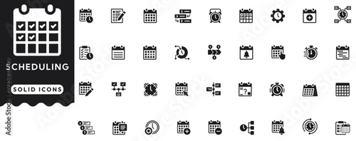 Scheduling solid icon set cover calendar, time, plan, appointment, agenda, task, reminder, deadline, time management, clock, productivity, to do list, work. Professional vector illustration set
