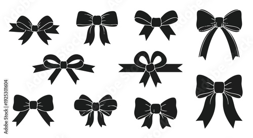 Set of 9 black ribbon bow icons vector