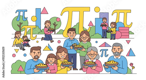 Illustration of diverse people holding pies surrounded by colorful mathematical symbols and shapes on International Pi Day.