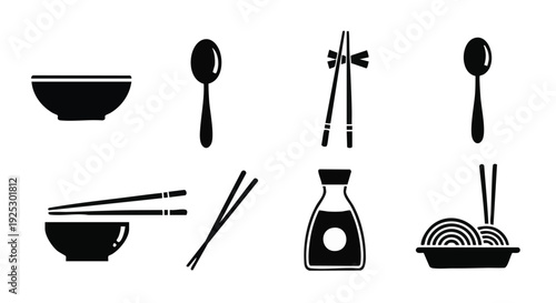 Set of 8 Asian food icons vector