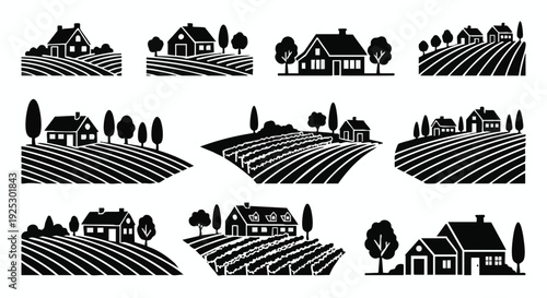 Set of 12 farm landscape icons vector