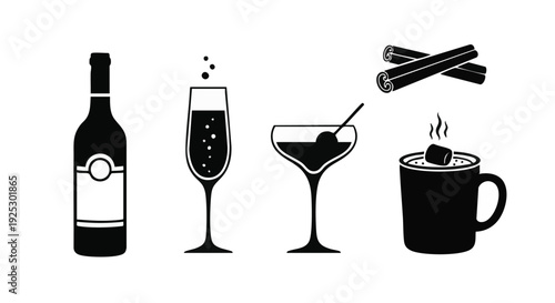 Set of 5 wine and hot chocolate icons vector