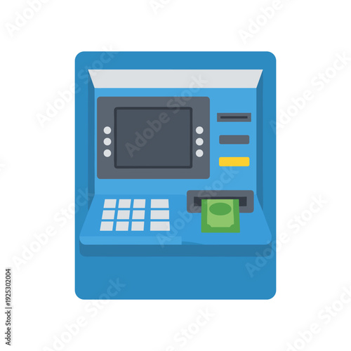 Modern ATM machine isolated on white background with digital screen and keypad