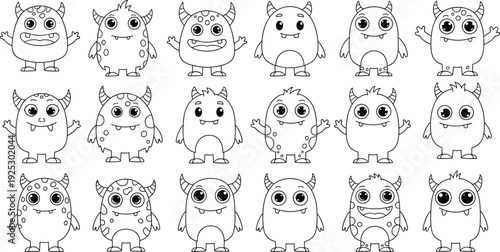 Cute monster coloring page set for kids featuring adorable hand drawn kawaii alien creatures with horns spots and friendly smiles