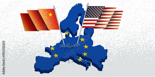 Political illustration competition for the European market, global superpowers USA and China  economic and political influence on EU market European Union.