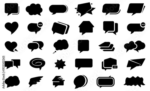 Black speech for online chatting. Assorted chat bubble silhouettes including hearts and geometric shapes for digital interaction. Set of speech bubbles.