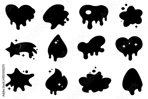 Set of black dripping paint splatters blobs and fluid shapes. Large collection of black dripping paint splatters, blobs, and liquid shapes. Abstract forms with dripping effects.