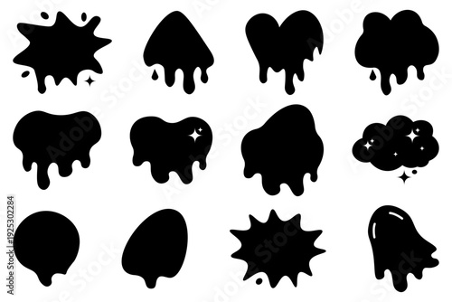 Set of black dripping paint splatters blobs and fluid shapes. Collection of black dripping paint splatters, blobs, and liquid shapes. blobs and fluid shapes.