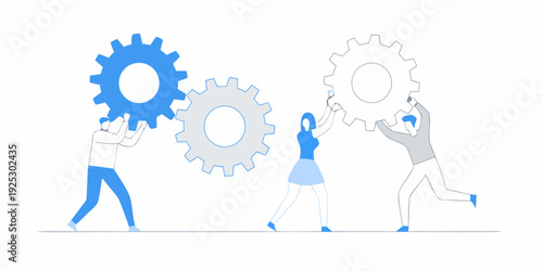 Teamwork concept with people lifting and connecting large blue gears